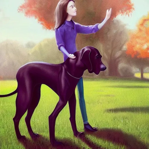 Image similar to girl riding a great Dane in the park, trending on artstation