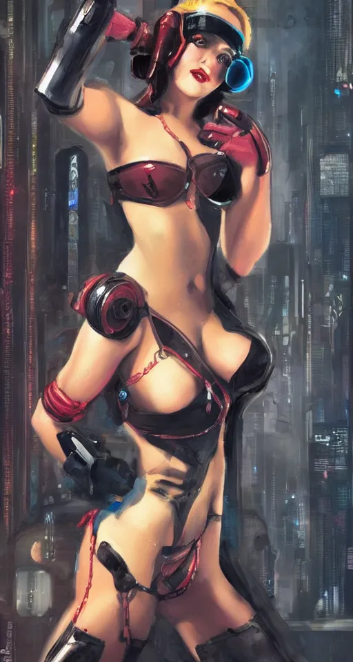 Image similar to cyberpunk woman in the style of a 1 9 4 0 s oil painted pin - up