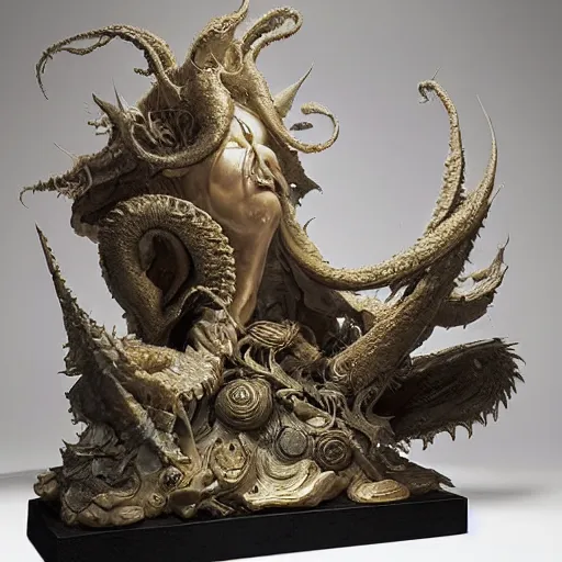 Prompt: a rembrandt painting of a sculpture by ellen jewett of angelarium, illithid, cthulhu, white with gold accents