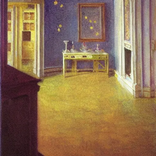 Image similar to haunted room of ivory and gold filigree, film still by edward hopper, by Bosch, by klimt, art noveau, highly detailed, strong lights, liminal, eerie, Bright pastel colors