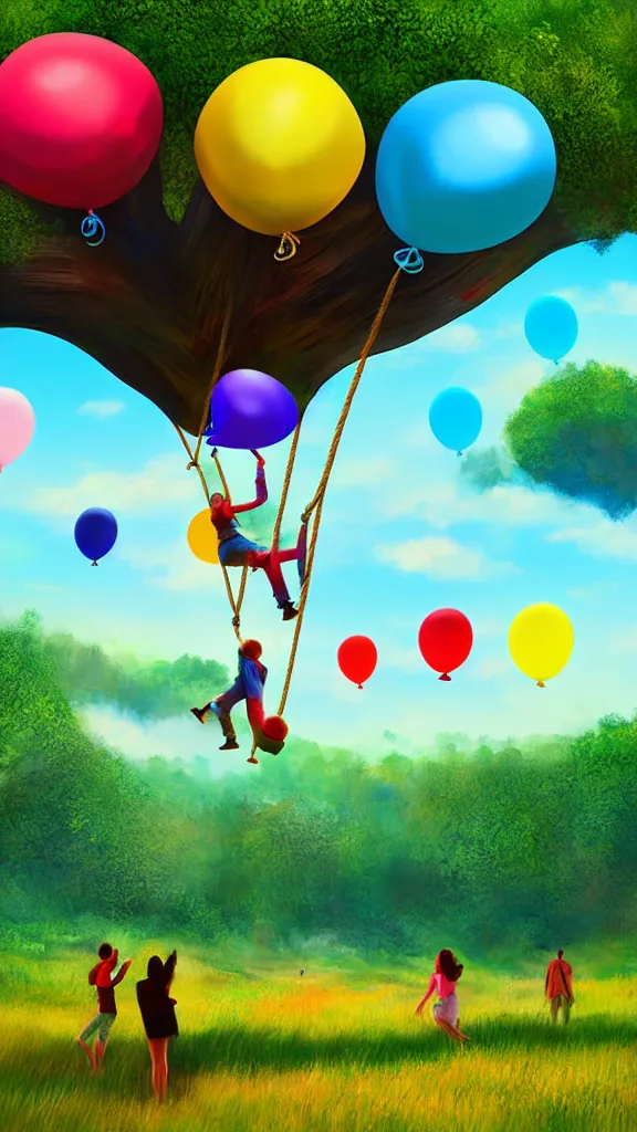 Prompt: large colorful balloons with people on rope swings underneath, flying high over the beautiful countryside landscape, professional painting, realistic, detailed, digital art, unreal engine