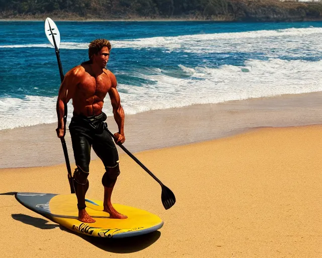 Prompt: single spartan using a paddle board on australian beach, epic award winning action cinematic still from the movie 3 0 0, 8 k, global illumination, detailed face, muscles, rim highlights, hyper realistic, stunning waves, happy vibes