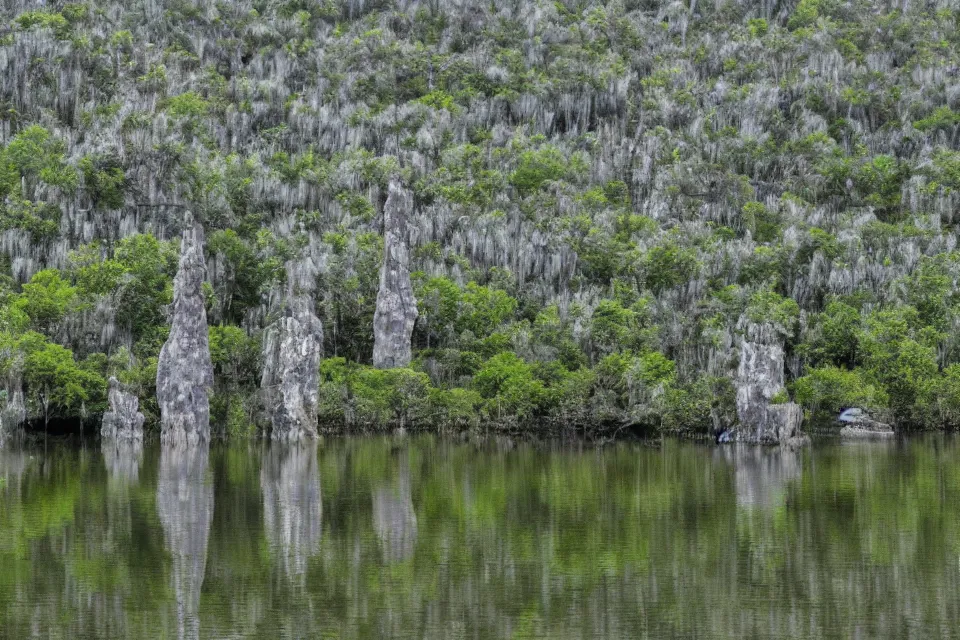 Prompt: A swamp with many natural, tall stone spires rising from the water