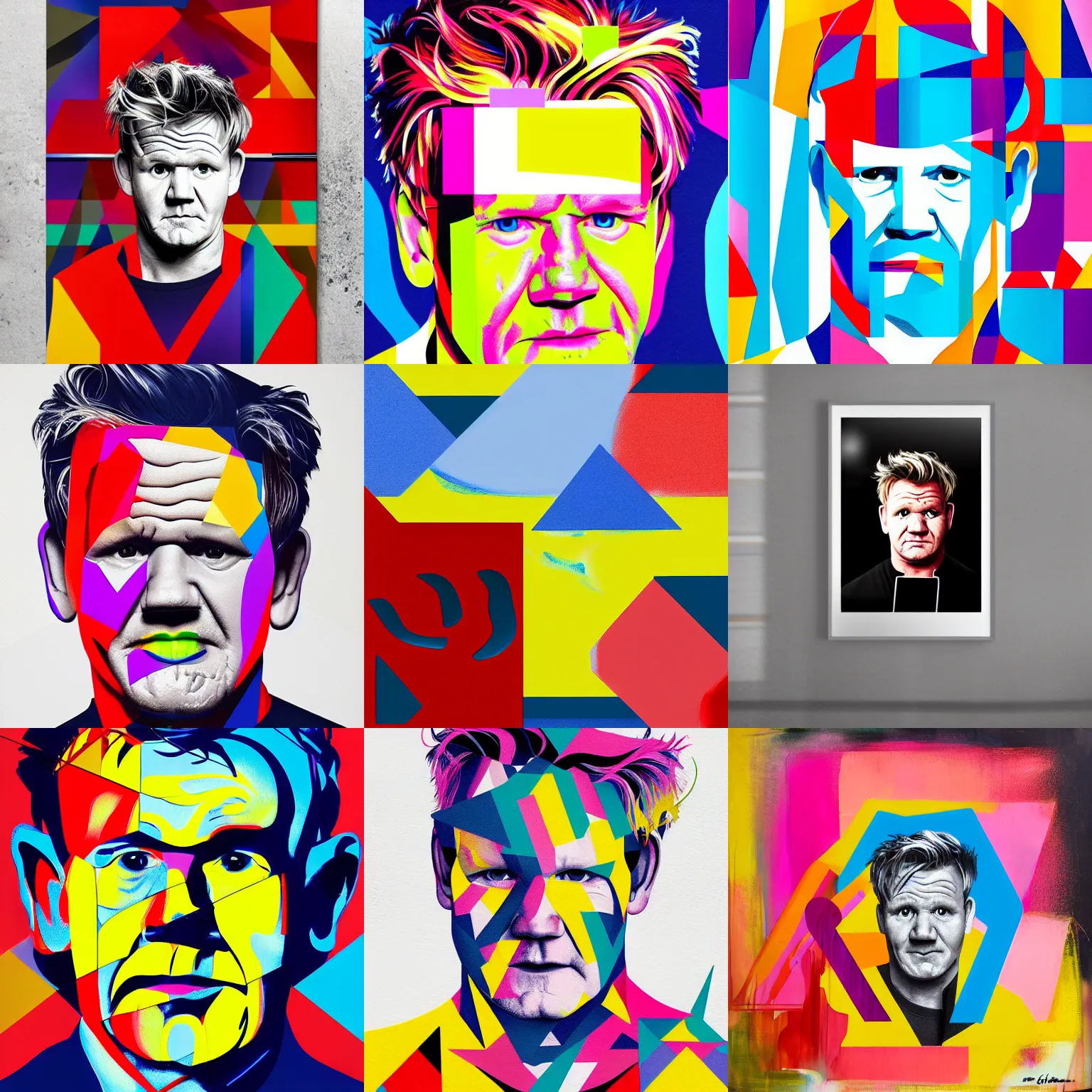 Prompt: A portrait of Gordon Ramsay, geometric shapes, rounded corners, vibrant colors, spray paint