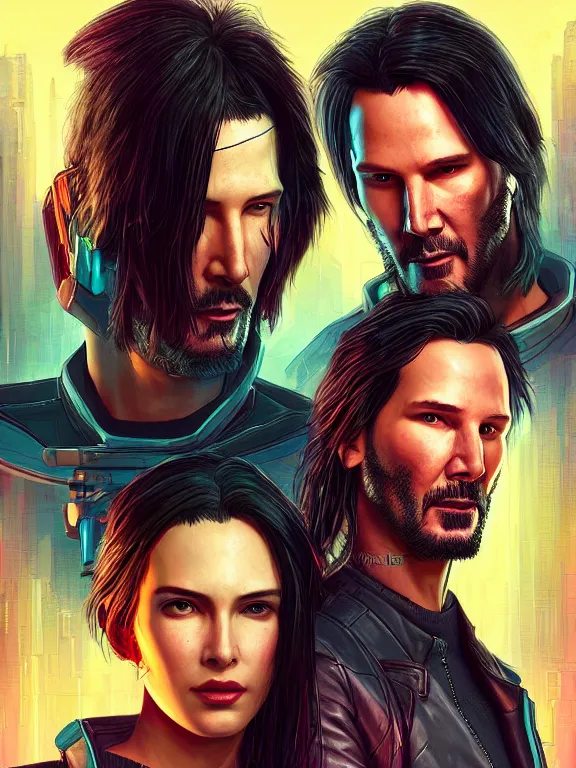 Image similar to a cyberpunk 2077 couple portrait of Keanu Reeves and V ,love story ,film lighting,by laurie greasley,Lawrence Alma-Tadema,William Morris,Dan Mumford,trending on atrstation,full of color,Digital painting,face enhance,highly detailed,8K, octane,golden ratio,cinematic lighting