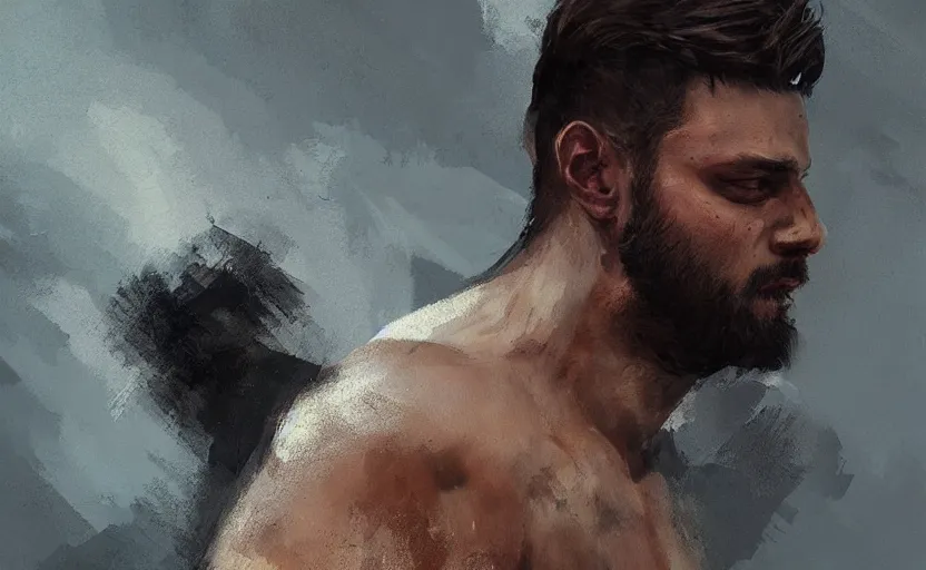 Prompt: a painting of arkul trending on artstation in the style of greg rutkowski, beautiful, male, sensual, natural skin, muscular, stubble, warrior, tattoo