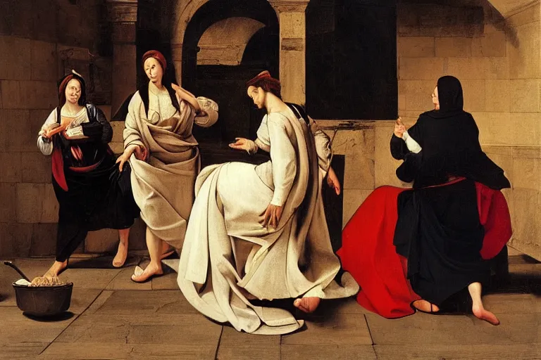 Image similar to painting of 3 women, at the tomb of jesus, dynamic composition, 2 angels, caravaggio, rubens, pieter de hooch