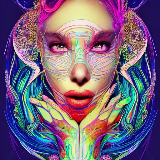Image similar to the face of a ridiculously beautiful and pretty woman partially made of onion rings of all colors looking up, an ultrafine detailed illustration by james jean, final fantasy, intricate linework, bright colors, behance contest winner, vanitas, angular, altermodern, unreal engine 5 highly rendered, global illumination, radiant light, detailed and intricate environment