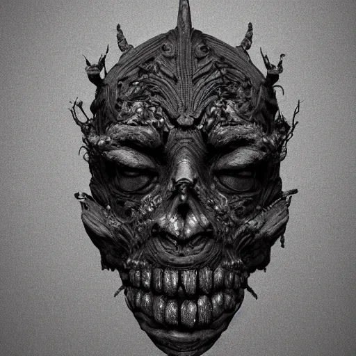 Image similar to black dark charcoal texture stone face of deathly demonic wraith, charred elemental, insanely intricate ornate ornamental design, depth detail, unreal engine 5, volumetric lighting, cinematic, Ray trace, octane render by beeple, 8k - H 777