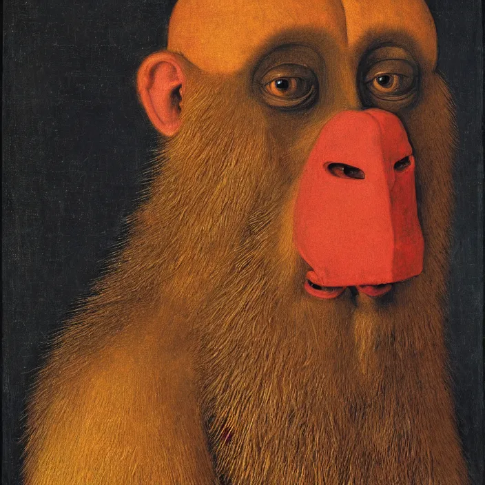 Prompt: close up portrait of a mutant monster creature with colourful mandrill - like nose, baldness, needles portruding through the cheeks, painted forehead, medusae beard. jan van eyck