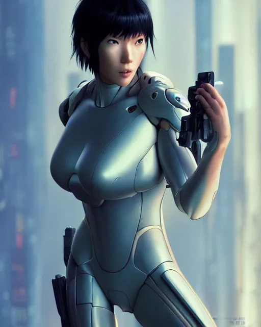 Image similar to weta disney pixar movie still portrait photo of motoko kusanagi ghost in the shell : : as cyborg woman by pixar : : by weta, wlop, ilya kuvshinov, rossdraws, artgerm, marvel, maxim cover, latex, octane render, sweaty, iridescent, bright morning, anime, liosh, mucha : :