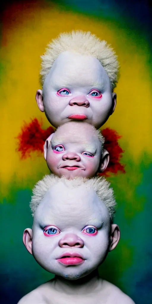 Image similar to award winning photo of african albino baby, vivid colors, happy, symmetrical face, beautiful eyes, studio lighting, wide shot art by sally mann & arnold newman & hr giger