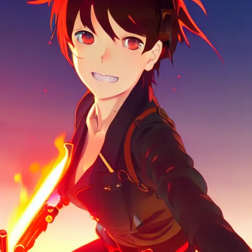 Image similar to makoto shinkai, artgerm, ilya kuvshinov, steampunk beautiful anime woman, red shirt brown pants, black and red hair hair, symmetrical face, symmetrical eyes, second anime woman with orange hair and black pants, action scene, shooting fire war, detailed, summer setting, cinematic lighting