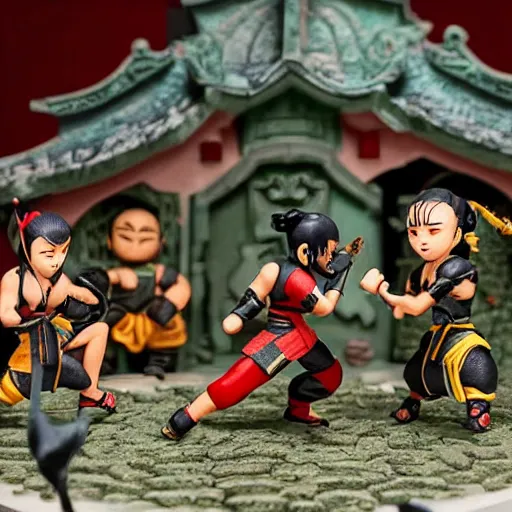 Image similar to photo of nendroid figures inside a diorama, depicting the cute fighters of mortal kombat brutally fighting each other inside a shaolin temple next to a spike - pit.