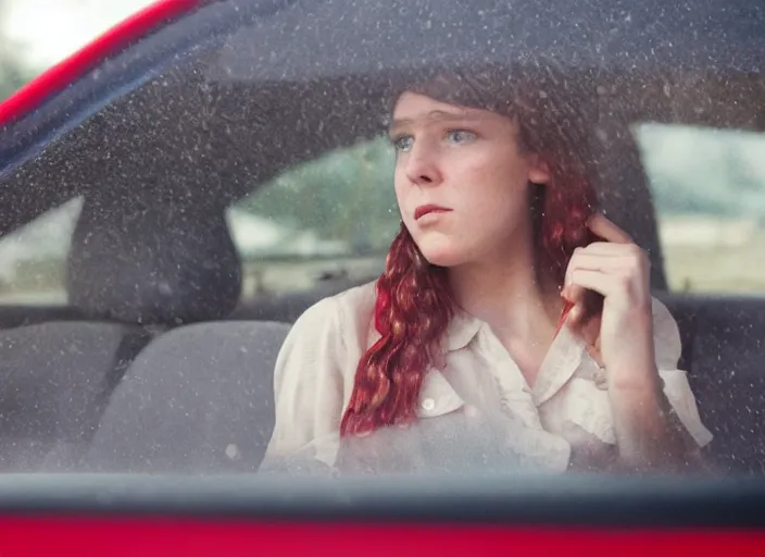 Image similar to A very high resolution image from a new movie, inside of a car, teen red hair woman, raining, hot, directed by wes anderson