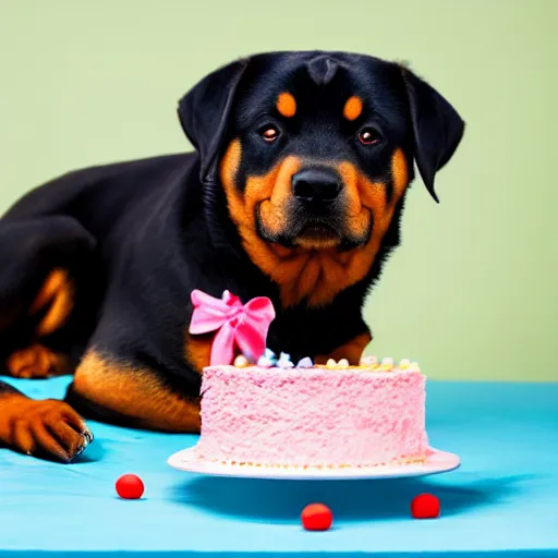 Prompt: a high - quality photo of a cute rottweiler with a birthday cake, 4 5 mm, f 3. 5, sharpened, iso 2 0 0, raw, food photography