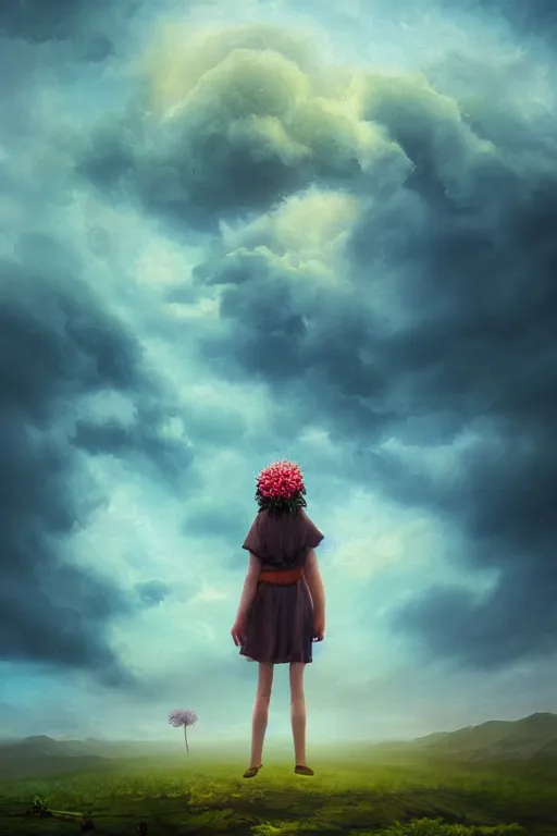 Image similar to closeup giant dahlia flower as head, girl standing on mountain, surreal photography, blue storm clouds, dramatic light, impressionist painting, digital painting, artstation, simon stalenhag