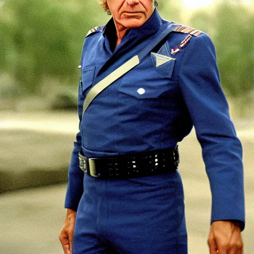 Image similar to A still of Harrison Ford as Commander Adama in Battlestar Galactica (2003), dark blue uniform