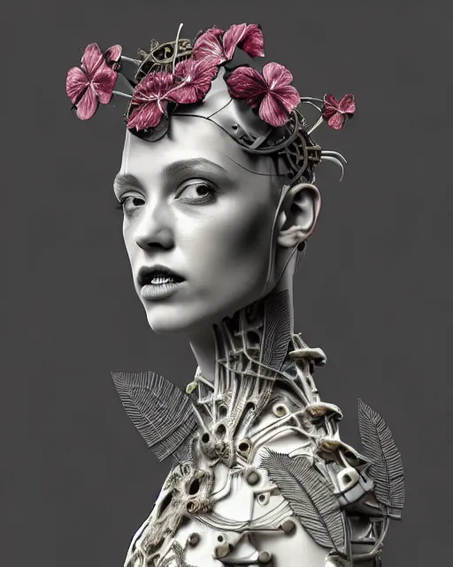 Prompt: monochrome 3 d model, 1 9 3 0 picture, floral steampunk biomechanical beautiful young female cyborg with porcelain profile face and a techno eye, volumetric light, leaves foliage and stems, hibiscus flowers, boho vines, sinuous fine roots, fine foliage lace, alexander mcqueen, rim light, big gothic fashion pearl embroidered collar, octane render, 8 k