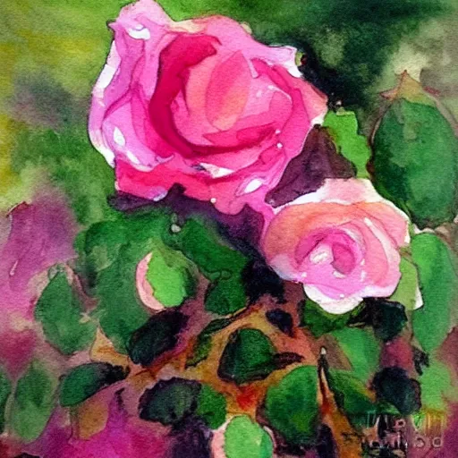 Prompt: painting of pink roses in monet style, Water color