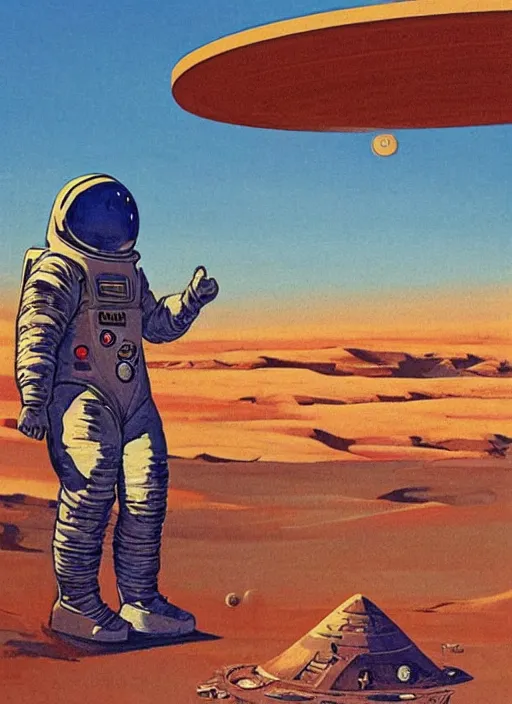 Image similar to an astronaut in the desert by robert mccall