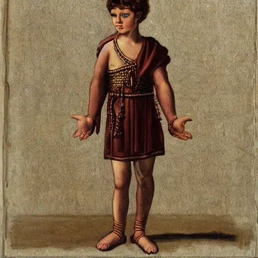 Prompt: child in roman emperor's clothing