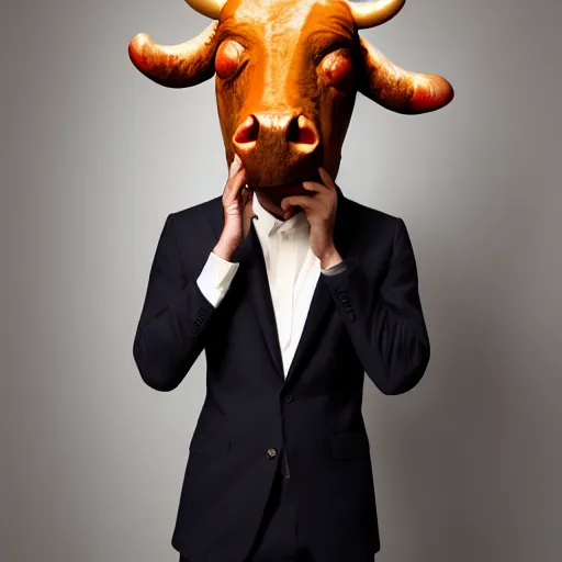 Image similar to high quality picture of a man in a suit wearing a latex mask of a mad horrific cow, by James Jean, natural lighting