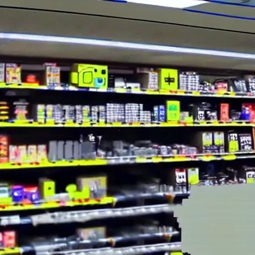 Image similar to abandoned robot android factory in a convenience store, damaged camcorder video