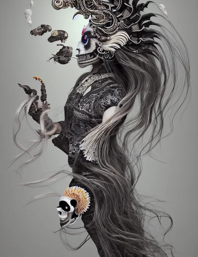 Image similar to 3 d goddess ram skull half - turn portrait with long hair with ram skull. beautiful intricately detailed japanese crow kitsune mask and clasical japanese kimono. betta fish, jellyfish phoenix, bio luminescent, plasma, ice, water, wind, creature, artwork by tooth wu and wlop and beeple and greg rutkowski