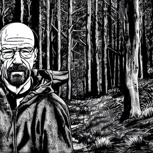 Image similar to deformed monster walter white committing treason in the highest degree against skyler white while having a schizophrenic episode in the forest on his trailcam