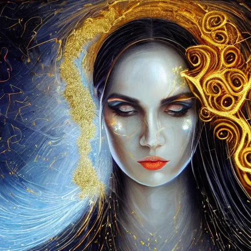 Image similar to angry beautiful Goddess of life with a veil, dark Goddess of artificial intelligence creating an artificial neural network with gold synapses on an anvil with her scythe, high resolution, award winning art, trending on art station, sharp image, incredibly detailed, detailed character, realistic painting, hyper-realistic painting, coherent painting, master piece by ramon y cajal