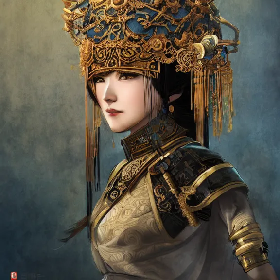 Image similar to ancient chinese princess with steampunk mask, dynasty warriors, headshot, holy, unreal engine, 8 k, blue color scheme, headshot, highly detailed, smooth, ink painting, artstation, concept art, in style of yoji shinkawa, pan ren wei, col price, atey ghailan, by greg rutkowski, aesthetic