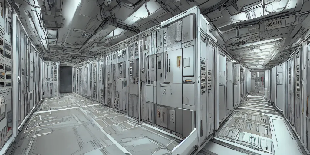 Image similar to parallax datacenter server room white rusty robocowboy in artstation