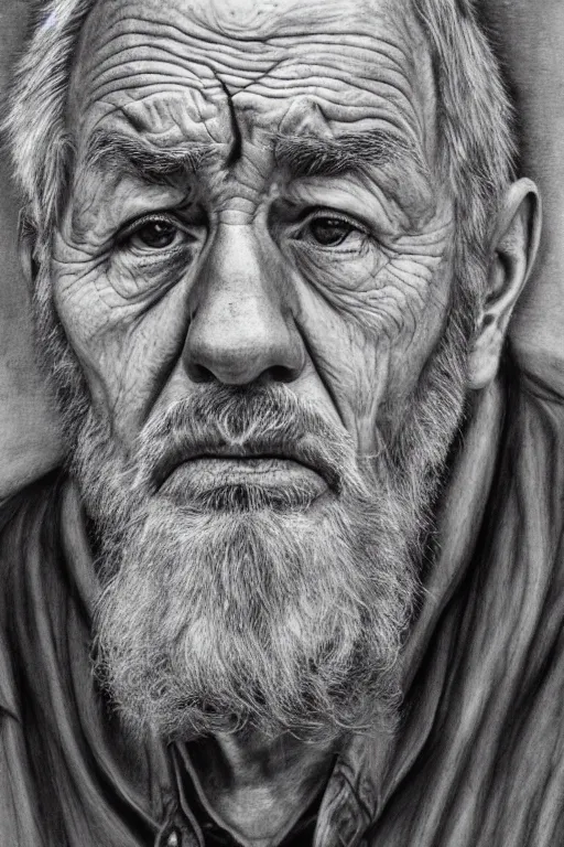 Prompt: a portrait of an old man with a solemn look and deep expression in his eyes, continuous line drawing, highly detailed, strong lighting, cinematic, HD, 4K