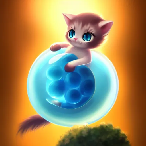 Image similar to cinematic portrait of cute Mew riding large blue bubble, oil on canvas, masterpiece, trending on artstation, featured on pixiv, cinematic composition, dramatic pose, beautiful lighting, sharp, details, hyper-detailed, HD, HDR, 4K, 8K