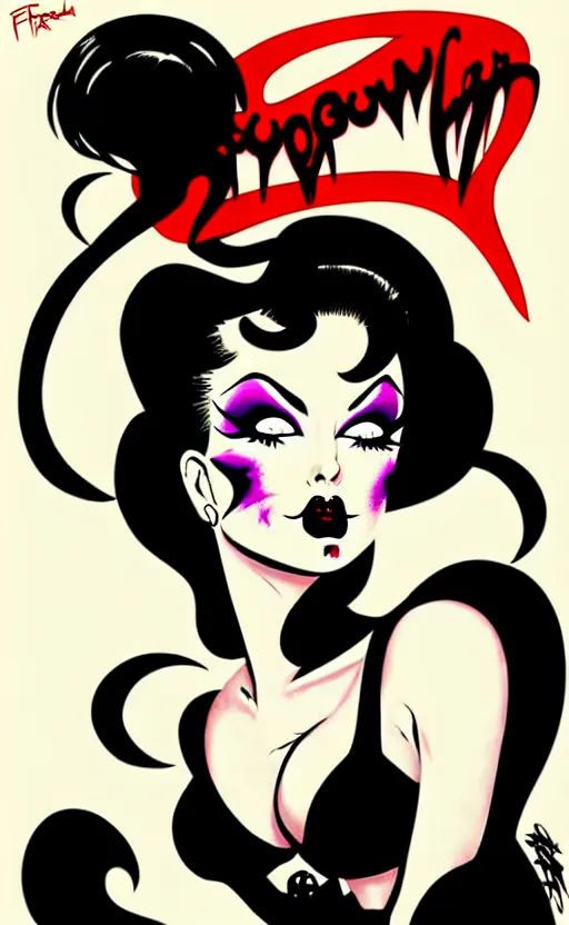 Prompt: goth girl with a detailed face and black hair, burlesque psychobilly, rockabilly, punk, white background, vector art, illustration by frank frazetta