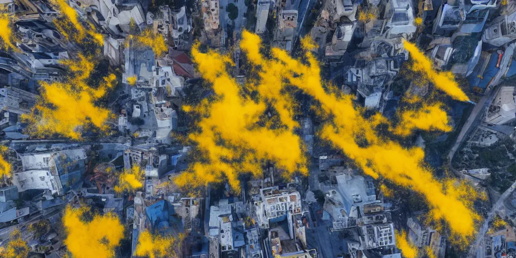 Image similar to kiev city streets covered in yellow and blue smoke, drone photography, by kim keever
