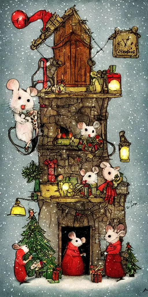 Image similar to an indoor christmas mice scene by alexander jansson