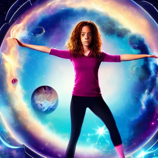 Image similar to hermione granger as yoga instructor in space, trending high quality art station, cinematic shot, magical colors and atmosphere, perfect composition, coherent, 8 k