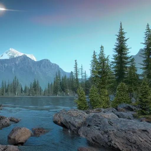 Image similar to « mountain in the background, a river in the middle ground, trees, a bear near a tree, glowing light, photorealistic, unreal engine 5, sharp focus, some rocks in the river, some birds in the sky, and a small woody house on the right far »