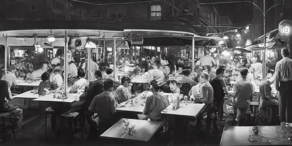 Prompt: detailed sharp photograph in the style of popular science circa 1 9 5 5 and gregory crewdson of a 1 9 5 0 s crowded diner summer night