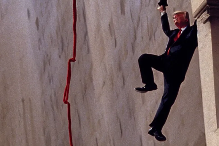 Image similar to movie still of donald trump in mission impossible hanging cable drop, photograph, tv show, cinematic