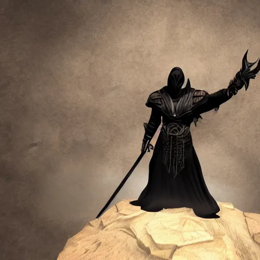 Image similar to a realistic full body of Konnor, a dragonborn, a black hood with black robes and a sword on his back, extremely realistic and detailed, standing in front of a mountain