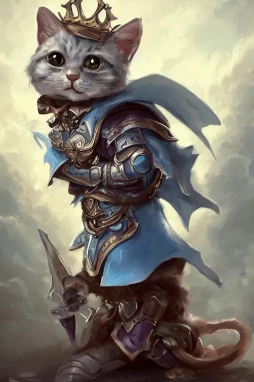 Image similar to cute little anthropomorphic cat knight wearing a cape and a crown, tiny, small, miniature cat , baby animal, short, pale blue armor, cute and adorable, pretty, beautiful, DnD character art portrait, matte fantasy painting, DeviantArt Artstation, by Jason Felix by Steve Argyle by Tyler Jacobson by Peter Mohrbacher, cinematic lighting