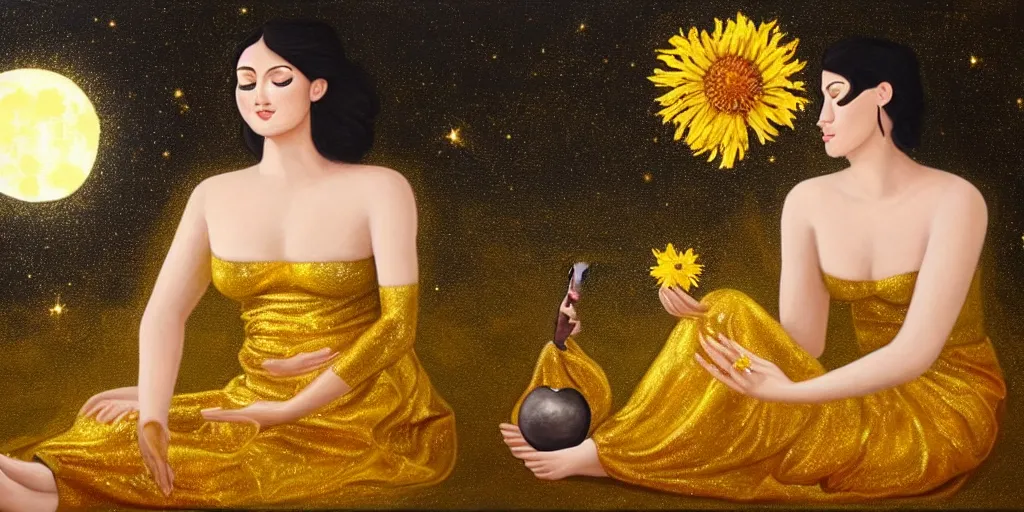 Prompt: very realistic beautiful painting of a goddess with short black hair with golden details in it wearing a long metallic golden skirt covering her whole body holding flowers and levitating a pear, sun on the left moon on the right as she is sitting on a rock at night time, hyper realistic 8K HD, highly detailed