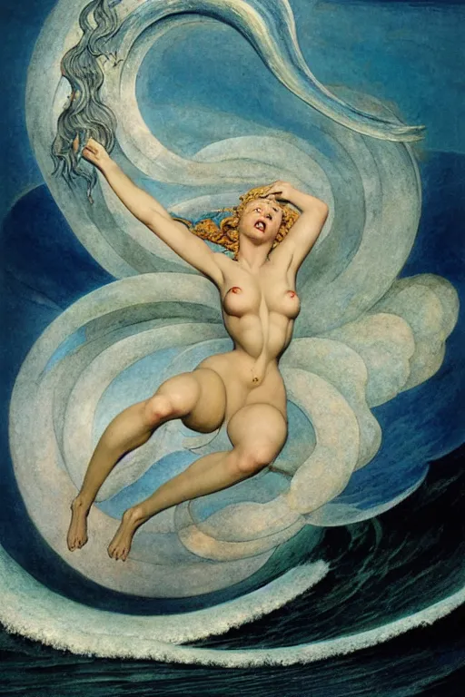 Image similar to a sea witch summoning a giant wave by william blake and karol bak and earl moran and fritz willis and gil elvgren, highly detailed, photorealism, hyperrealistic