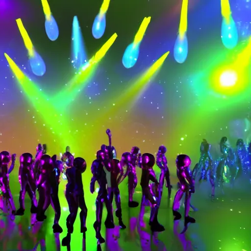 Image similar to promotional movie still wide - angle 3 0 m distance. colorful shiny pearlescent robots ( ( cat ) ) like disco music, disco balls, dance - off contests, space battles. very dramatic atmospheric volumetric lighting, octane 3 d render, ue 5, imax, saturday night fever ( film ), cocoon ( film ), scifi