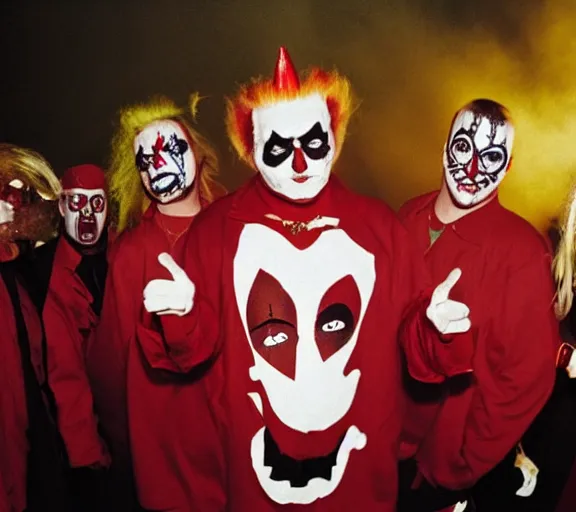 Prompt: color photo still of donald trump lead singer music group insane clown posse icp, live performance