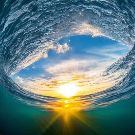 Prompt: the sunrise as viewed from the bottom of the ocean