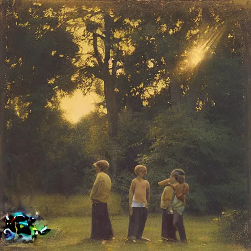 Prompt: Photograph, the warm, golden light of the sun casts a beautiful glow on the scene, and the gentle breeze ruffles the leaves of the trees. The figures in the photograph are engaged in a simple activity, the way they are positioned and the expressions on their faces suggest a deep connection. Peace and contentment, idyllic setting. tintype by Ilya Kuvshinov bold